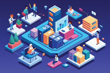 This customizable isometric illustration showcases various people engaged in different office activities, Presentation Customizable Isometric Illustration
