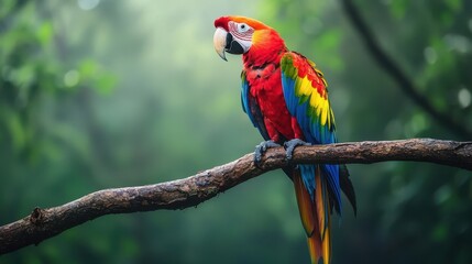 Obraz premium Vibrant Scarlet Macaw Perched on a Branch in Lush Green Forest