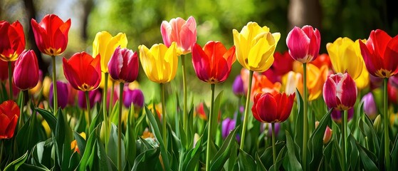 Fototapeta premium Vibrant Array of Colorful Tulips in Bloom During Spring Season