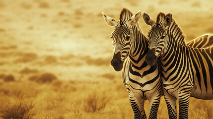 Obraz premium Two zebras standing together in golden savanna landscape