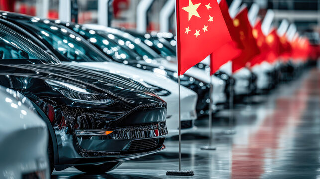 Row of electric cars and China flag hanging over them. warehouse car stocks, chinese car dealer, car production and export. automobile industry crisis. Taxes for Chinese electric cars