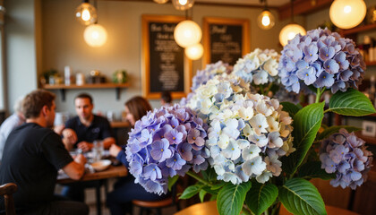 Vibrant hydrangeas in busy café, floral ambiance