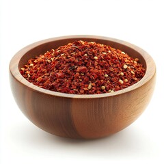 Close-up of wooden bowl filled with ground dried chili.