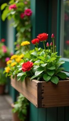 Fototapeta premium Elevated wooden planter overflowing with colorful blooms and vegetables , gardening, roots, urban garden