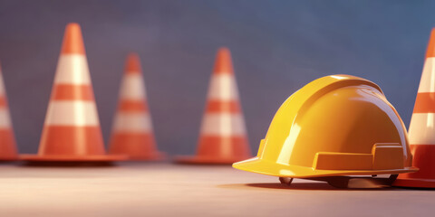 Construction Safety  Hard Hat and Traffic Cones in a Work Zone Setting