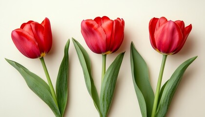 Fototapeta premium Three Vibrant Red Tulips In Full Bloom on a Light Background With Space for Your Text or Design