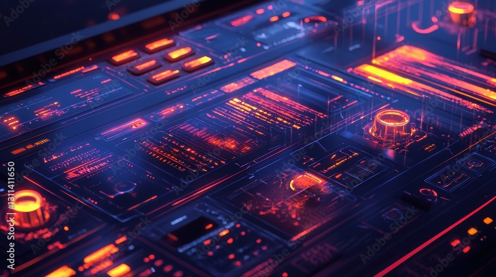 Poster futuristic control panel with neon lights and high-tech digital interface for advanced technology pr
