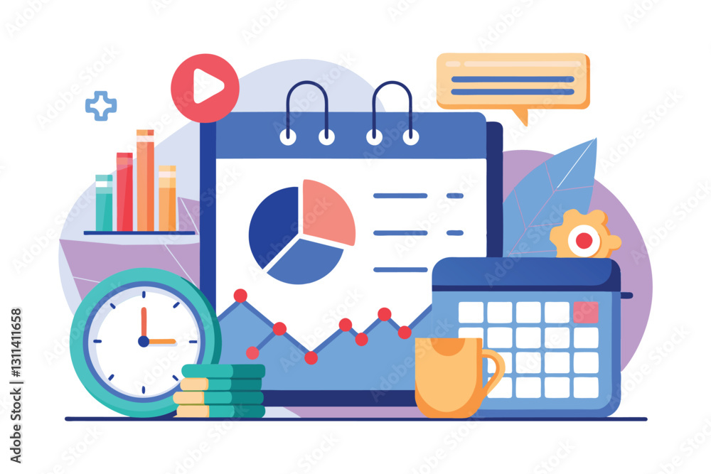 Poster a calendar features data charts, a clock for time management, and presentation tools for analysis, p