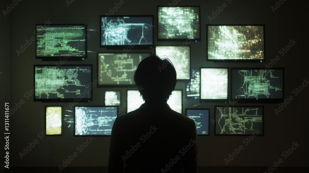 Poster silhouette person facing multiple screens with data