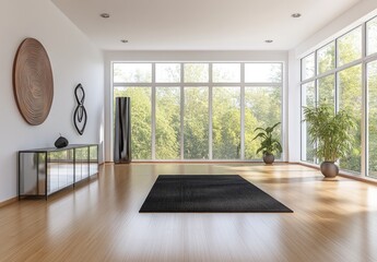 Fototapeta premium Modern bright living room with large windows, hardwood floor, and minimalist decor.