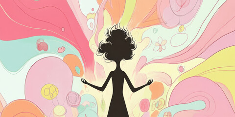 Vibrant Silhouette of a Woman in a Whimsical Pastel Dreamscape