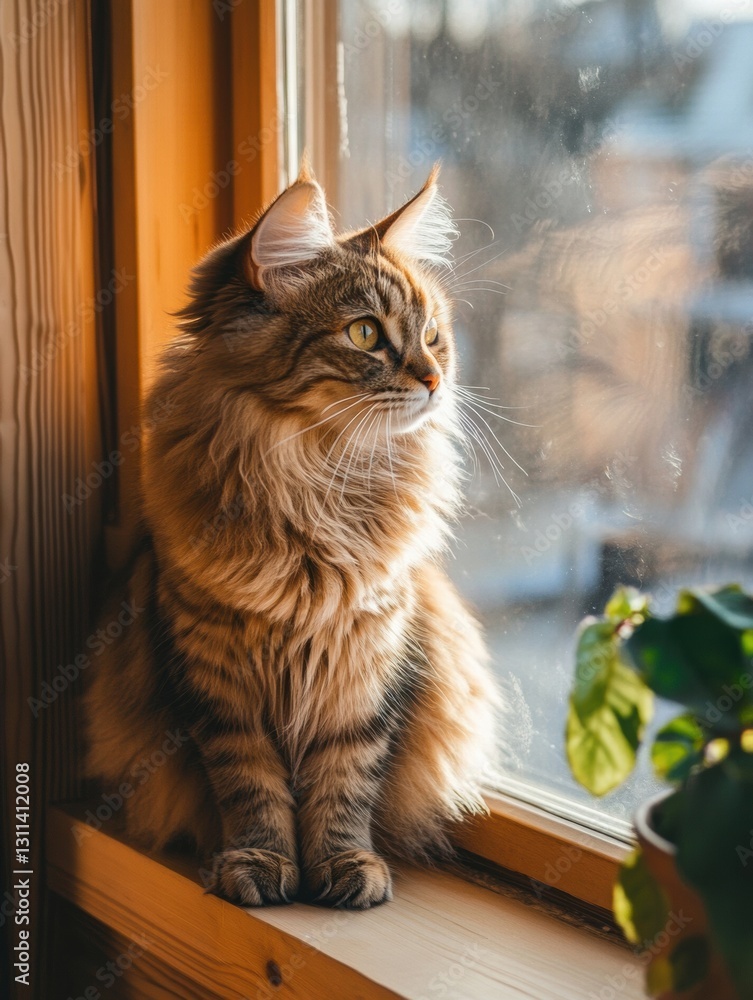 Poster fluffy cat enjoys warm sunlight on a cozy scandinavian windowsill with soft shadows creating a peace