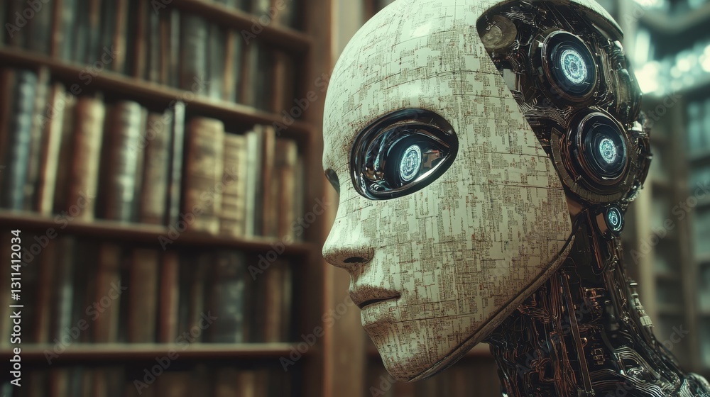 Poster futuristic robot with wooden texture in library background