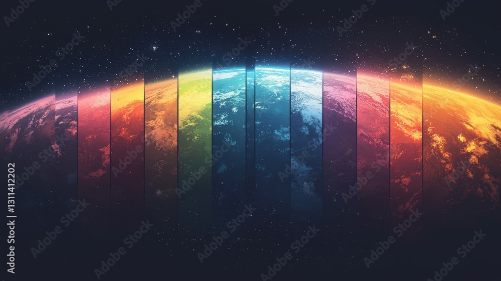 Poster Colorful Artistic Representation of Earth with Gradient Stripes and Starry Background in a Cosmic Setting