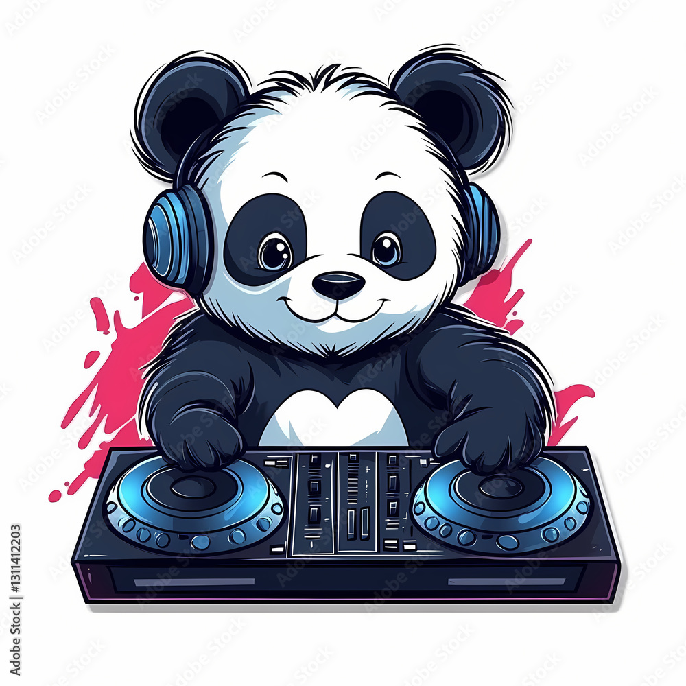 Poster cute panda dj mixing tracks in a lively atmosphere using turntables generative ai