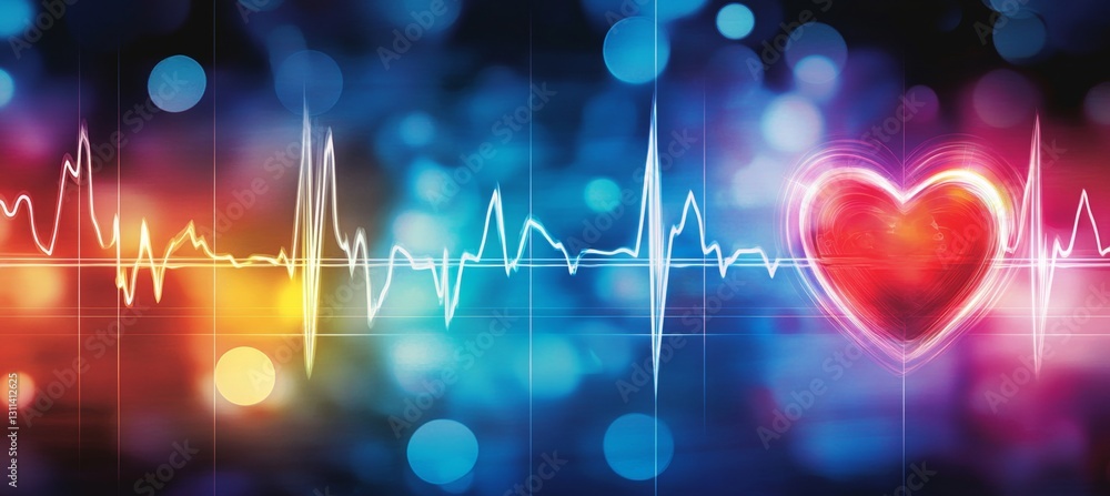 Poster glowing red heart with ekg line and abstract bokeh lights on a digital grid background