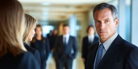 Serious Male Executive in Focus, Colleagues Blurred, Conveying Power Dynamics in Corporate Setting.