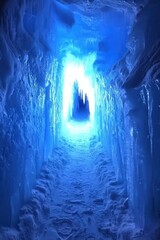 Fototapeta premium Stunning Ice Cave with Illuminated Pathway and Glacial Formations