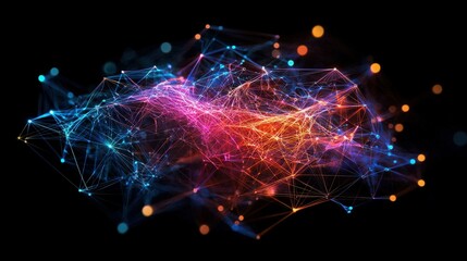 Abstract Colorful Digital Network Visual Representation of Connections and Data Flowing in a Dark Space