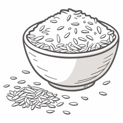 Bowl of rice with scattered grains on a white background