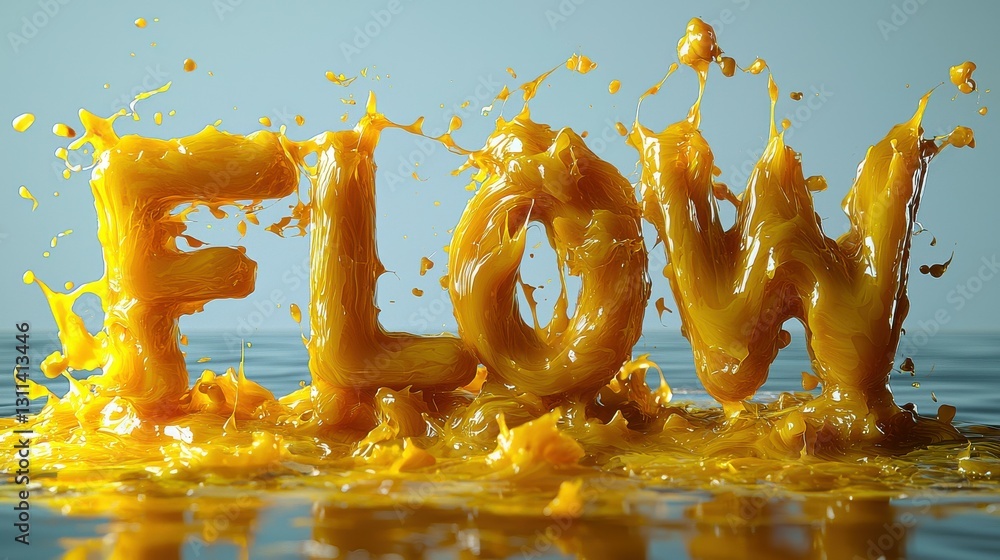 Poster vibrant splash of liquid yellow creating the word flow on a calm surface