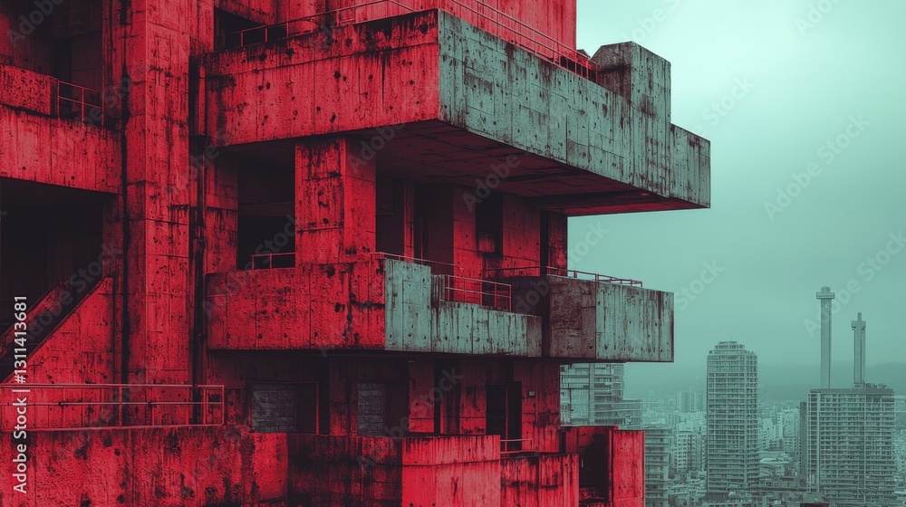 Poster abstract urban architecture with concrete structure and red tint overlooking cityscape in a moody at