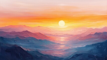 Fototapeta premium Vibrant Sunset Over Mountain Range With Soft Colors and Calming Atmosphere in Oil Painting Style