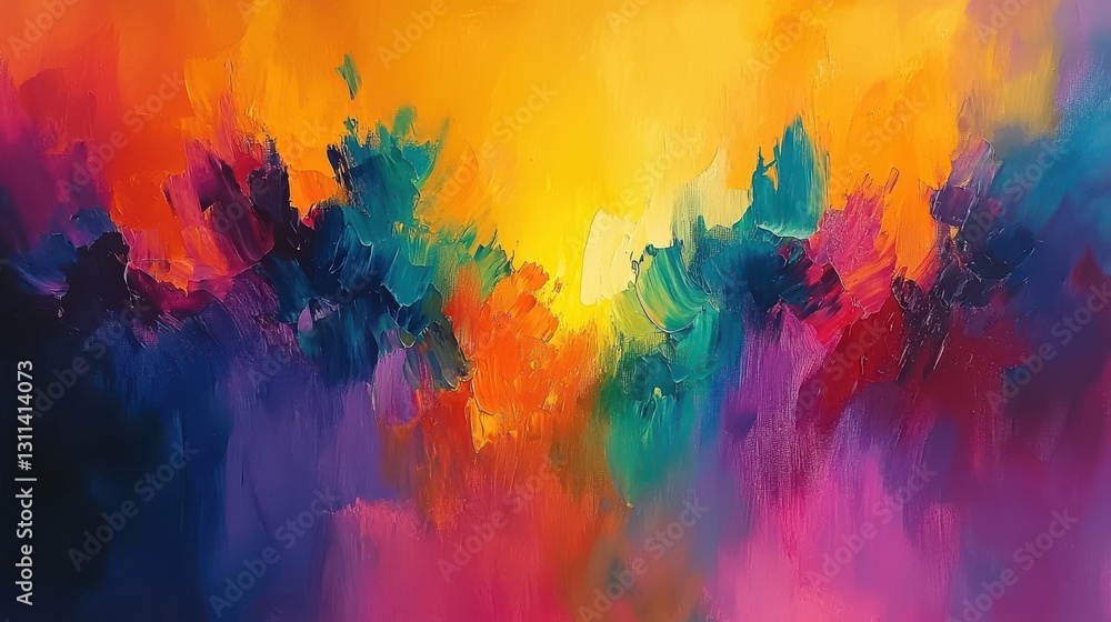 Poster vibrant abstract landscape with rich colorful brush strokes and dynamic motion in an enchanting disp