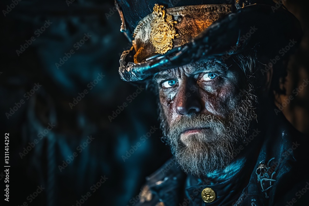 Poster intense portrait of a weathered man in dark setting with hat