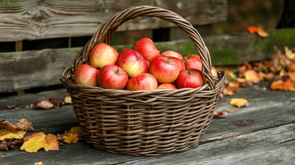 Rustic basket of red apples on wooden bench with autumn leaves