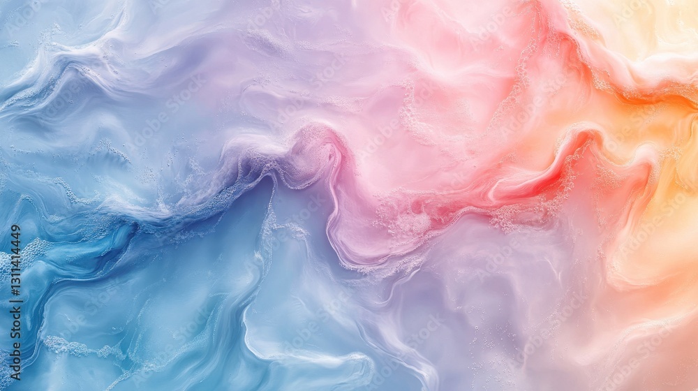 Poster swirling waves of pink and coral liquid create a mesmerizing pattern with bubbles in a serene backgr