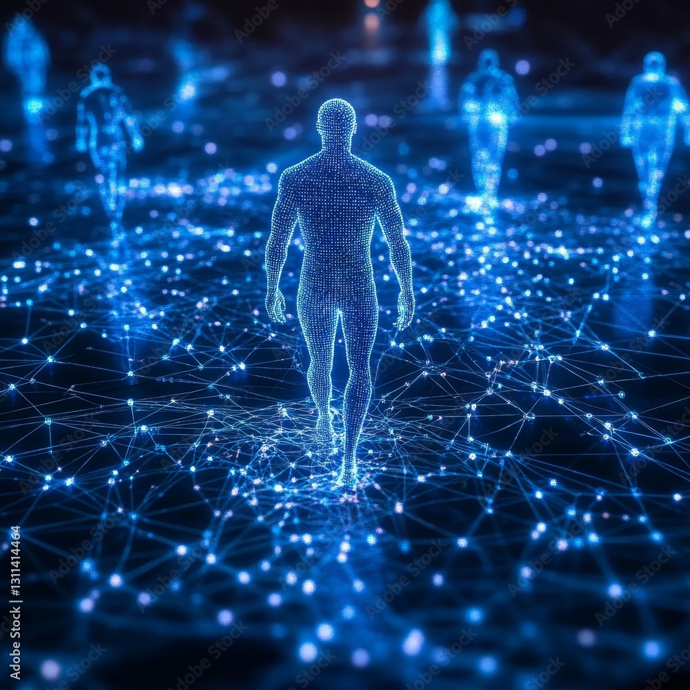 Poster futuristic digital human figures in a network of dots and lines