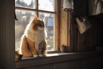 Fluffy cat enjoys warm sunlight on a windowsill in Scandinavian interior, radiating cozy and peaceful vibes during afternoon hours