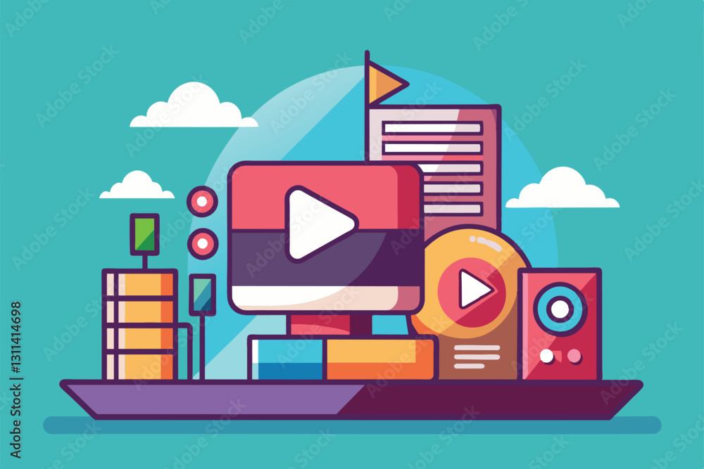 Poster a vibrant arrangement with a play button, stacks of blocks, and media elements creatively designed f