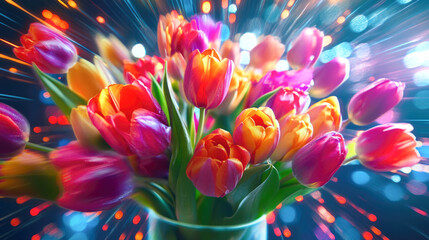 Fototapeta premium Vibrant bouquet of multicolored tulips with dynamic light effects
