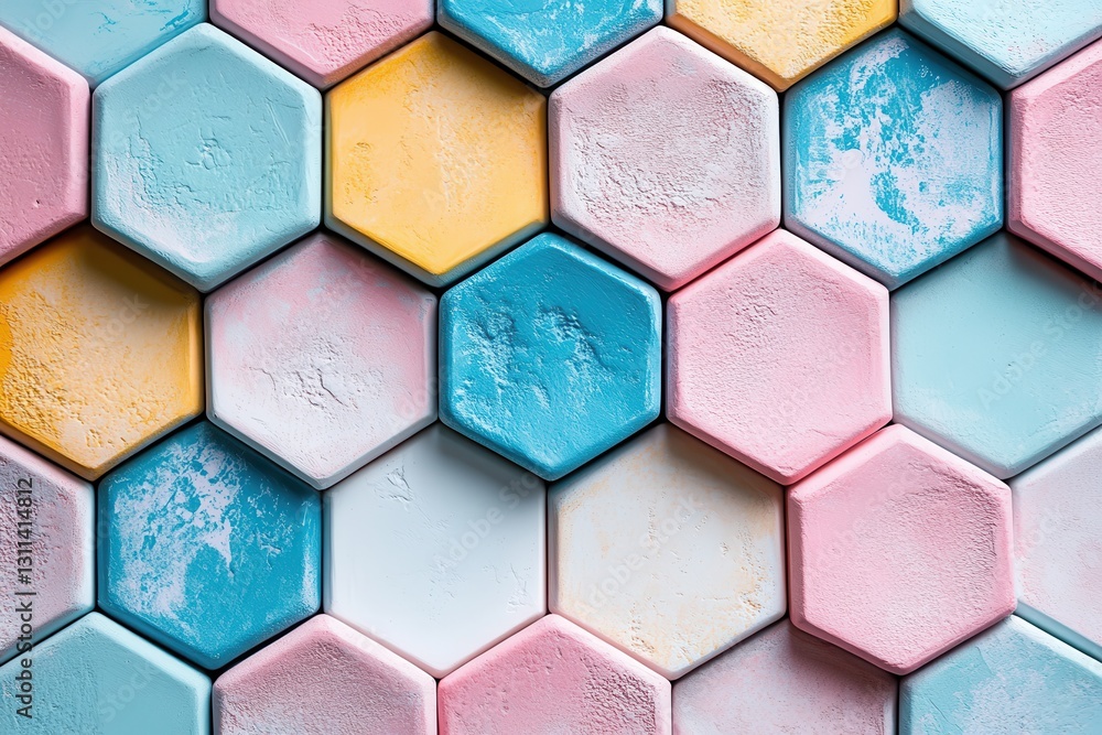 Poster colorful hexagonal tiles creating an intricate pattern in soft pastel shades playful design in a mod