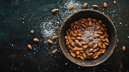 Salted almonds in rustic bowl on dark textured surface