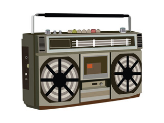 A vintage radio with a black and white design sits on a white background