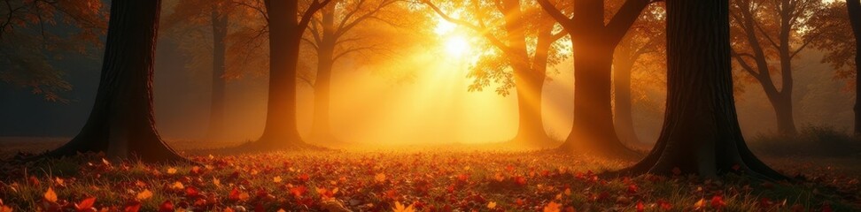 Misty sunrise, golden leaves carpet ancient woods, yellow, oak, calm