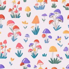 Seamless pattern watercolor, Vibrant illustration of various colorful mushrooms and wildflowers on a light background.
