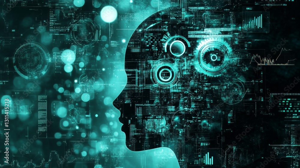 Poster a computer generated image of a head with a blue background