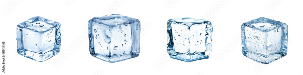 Poster close up view of clear transparent ice cubes frozen in solid icy blocks with reflective glassy surfa