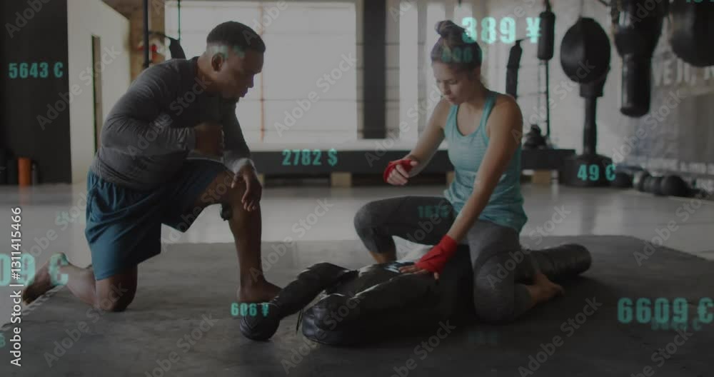 Poster training with punching bag, two people in animation with floating currency symbols