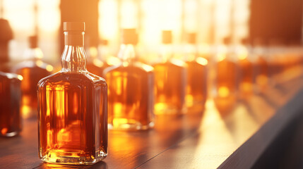 Golden whiskey bottles on wooden bar with warm sunlight