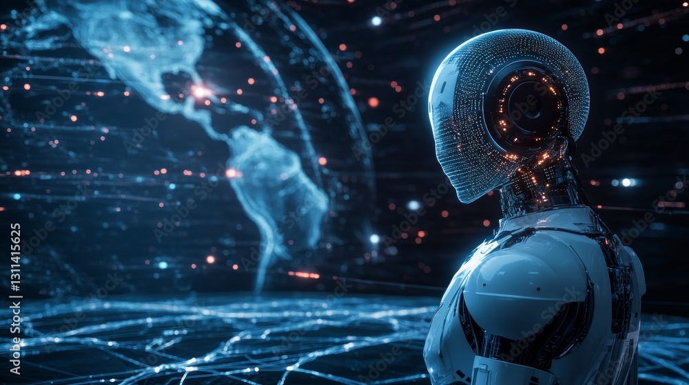 Poster futuristic robot looking towards digital world map with data streams