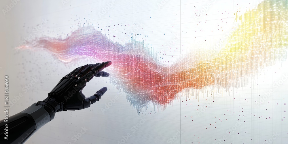 Poster robotic hand reaching towards colorful data visualization display