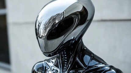 Futuristic chrome humanoid robot sculpture with reflective surfaces and sleek design in modern urban setting