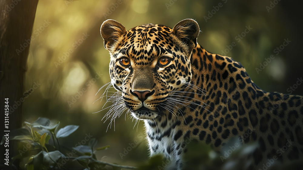 Canvas Prints leopard with piercing amber eyes in lush forest setting