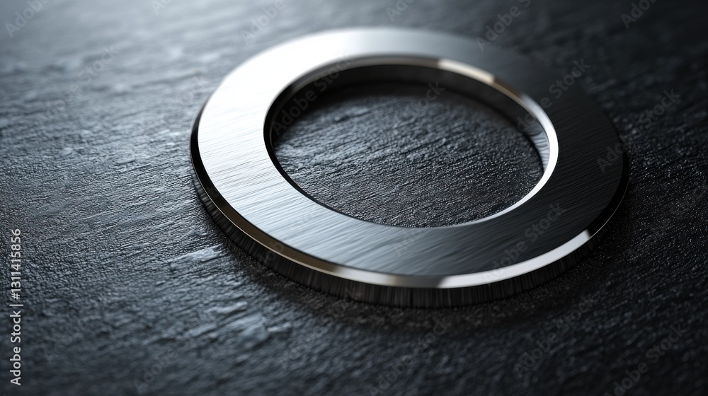 Poster close-up view of a circular metallic washer on a dark textured surface with reflections