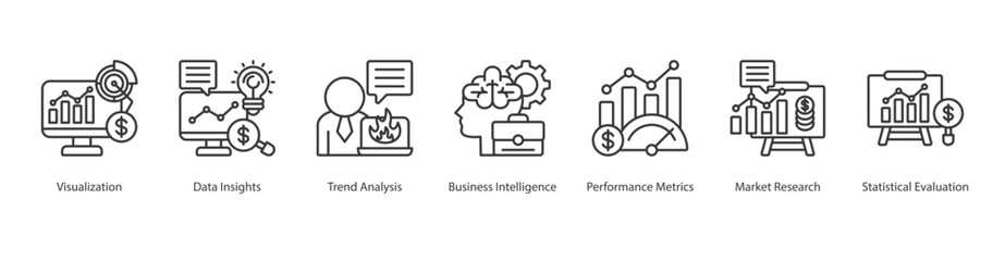 Data Analysis icon sheet vector line style visualization, data insights, trend analysis, business intelligence, performance metrics, market research, statistical evaluation